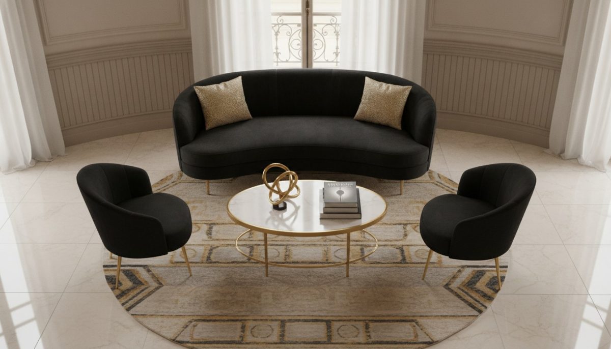 Salon élégant avec marbre et velours noir Salon élégant avec marbre et velours noir